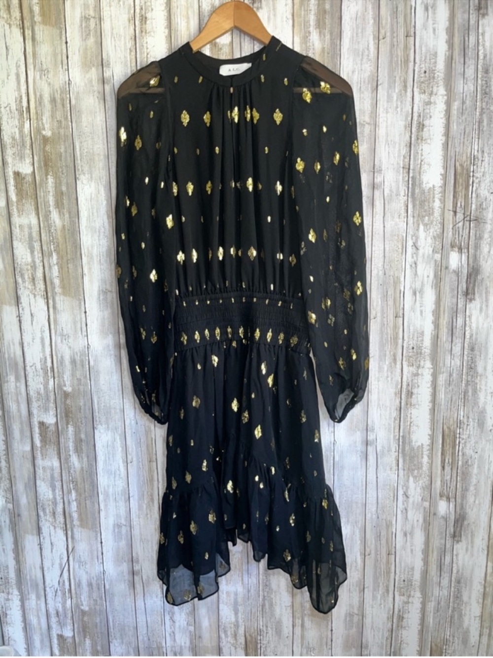 A.L.C. Sydney Silk Shirtdress Black Gold Metallic Print Ruffle Keyhole Dress XS - Picture 2 of 8